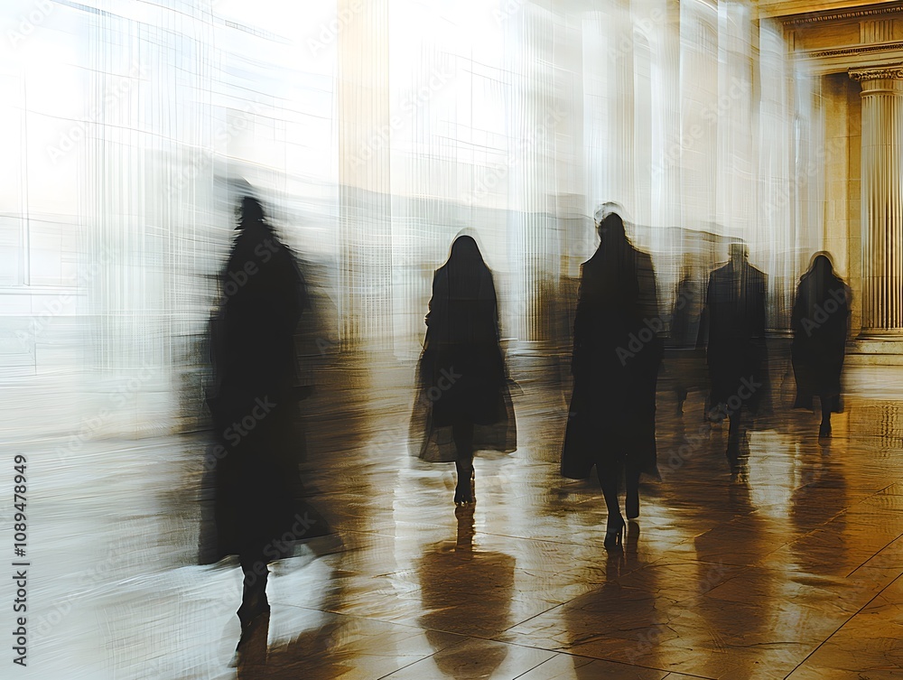 Poster Mysterious Figures in Shadows Moving Through an Elegant Space with Flowing Light and Texture, Evoking Themes of Time, Motion, and Urban Environment in a Dreamlike Ambience