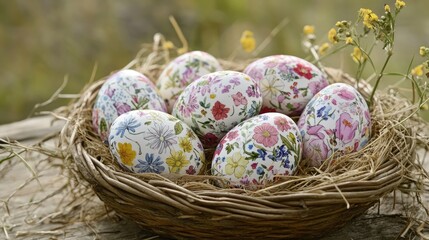 Easter egg design inspiration: eggs covered with botanical prints and pressed flowers, placed in a rustic basket with hay on a garden table.