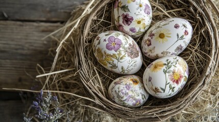 Obraz premium Easter egg design inspiration: eggs covered with botanical prints and pressed flowers, placed in a rustic basket with hay on a garden table.
