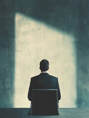 Obraz premium A man in a suit sitting on a chair, facing a bright wall, symbolizing solitude and contemplation.