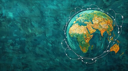 representation of a globe showcasing pathways and arrows connecting areas affected by climate change to adaptive urban centers