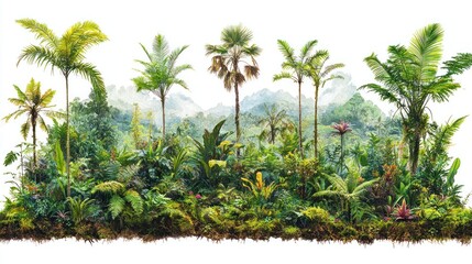 Obraz premium Lush tropical rainforest landscape with palm trees and vibrant foliage isolated on white background.