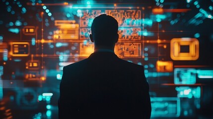 Silhouette of a businessman standing in front of a glowing futuristic interface showcasing icons and symbols related to ethics compliance and corporate accountability in the digital age