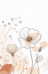 Minimalist floral illustration featuring red, white, and peach flowers with delicate line art and soft watercolor splashes on a light beige background.
