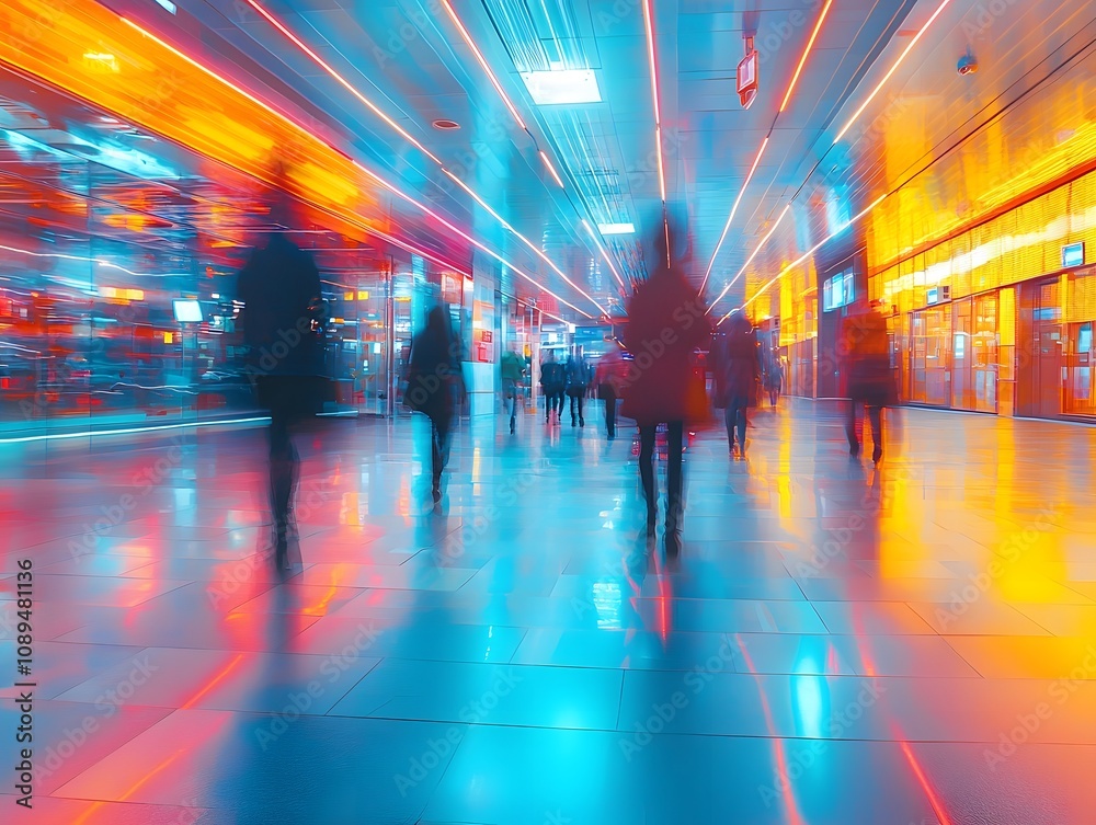 Aufkleber Dynamic Urban Scene with Blurred Figures in a Colorful Environment, Showcasing Motion and Light Patterns in a Modern Space During Evening Time