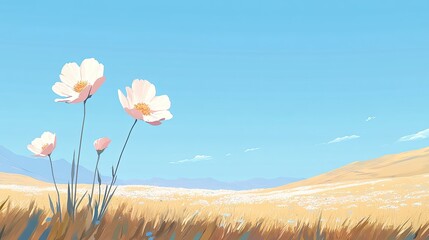 Obraz premium Pink and white cosmos flowers standing tall in a sunlit field, set against a backdrop of a cloudless blue sky.