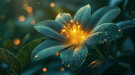 Fototapeta premium Beautiful close-up of a luminous flower surrounded by ethereal glow and soft bokeh, showcasing intricate petal details in a serene natural setting.