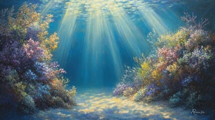 Fototapeta premium Soft rays of sunlight penetrating the deep blue water, highlighting the serenity of the marine environment.