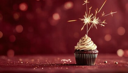 A delicious vanilla cupcake with white frosting, sprinkled with golden sugar and topped with a lit candle, on a bright red background, perfect for a birthday or holiday.
