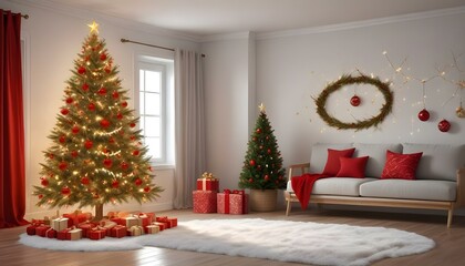 Árbol de Navidad en un Espacio Acogedor Un árbol de Navidad decorado con luces y adornos en tonos dorados y rojos, colocado en un rincón de una sala moderna con un fondo de pared blanca o de madera