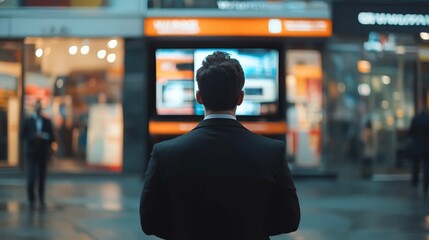 Urban Businessman Observing City Information Display