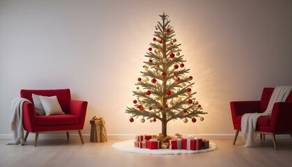 Árbol de Navidad en un Espacio Acogedor Un árbol de Navidad decorado con luces y adornos en tonos dorados y rojos, colocado en un rincón de una sala moderna con un fondo de pared blanca o de madera