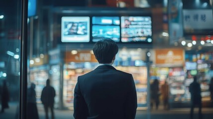 City Night Businessman Observing Screens