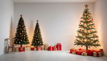 Árbol de Navidad en un Espacio Acogedor Un árbol de Navidad decorado con luces y adornos en tonos dorados y rojos, colocado en un rincón de una sala moderna con un fondo de pared blanca o de madera