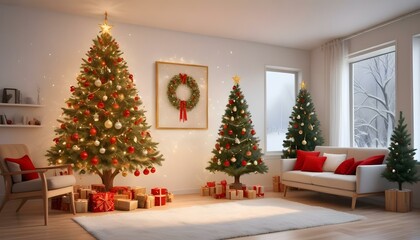 Árbol de Navidad en un Espacio Acogedor Un árbol de Navidad decorado con luces y adornos en tonos dorados y rojos, colocado en un rincón de una sala moderna con un fondo de pared blanca o de madera