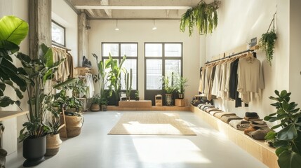 Fototapeta premium Sustainable fashion shop with racks of organic and recycled material clothing, minimalistic design with plants and natural decor.