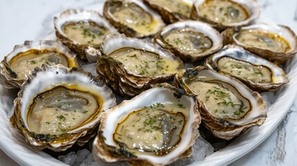 Freshly Shucked Oysters on a Platter Garnished with Herbs, Perfect for Gourmet Dining, Seafood Lovers, and Fine Cuisine Experiences, Ideal for Restaurants or Special Occasions