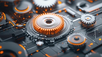Futuristic mechanical gears with glowing orange accents on high-tech circuit board - industrial innovation and advanced engineering concept