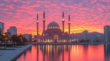 Naklejka premium Majestic mosque reflecting in calm water at vibrant sunrise.