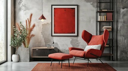 Red Chair in Modern Concrete Living Room