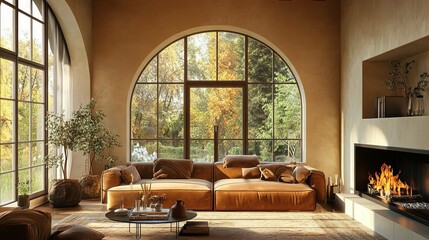 Autumnal Living Room with Arch Window and Fireplace