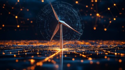 Futuristic Wind Turbine Surrounded by Digital Connectivity and Electric Pulse, Representing Renewable Energy and Sustainable Technology Innovations