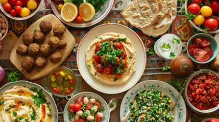 A Lebanese mezze spread with hummus, falafel, tabbouleh, and pita bread on a beautifully decorated table