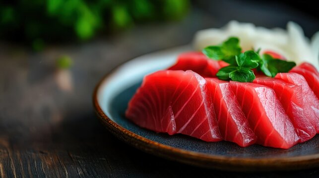 Fresh sushi-grade tuna slices served with herbs on a dark ceramic plate.