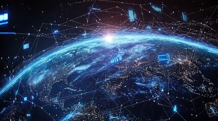 Vibrant depiction of a planet Earth surrounded by a glowing network of lines connecting cities and symbols of technology innovation and governance