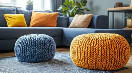 Stylish Living Room with Knitted Poufs and Cozy Pillows