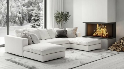 Modern Winter Living Room with Fireplace and White Sofa