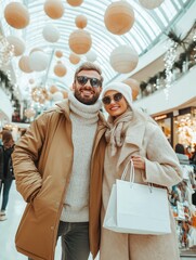 Happy couple in winter fashion shopping at modern mall with festive decor and paper lanterns