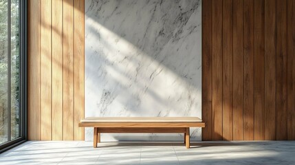 Modern Minimalist Interior Design with Wooden Bench and Marble Wall
