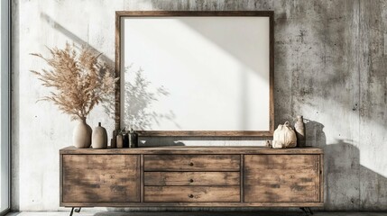 Modern Rustic Interior Design with Wooden Cabinet and Empty Frame
