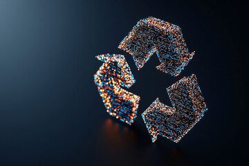 Vibrant recycling logo created from a dynamic grid of colorful LED lights symbolizing the innovative and tech driven approach to sustainable resource management and environmental consciousness