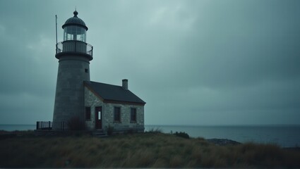 A solitary lighthouse stands against a moody sky, overlooking a calm sea, evoking solitude and guidance. Generative, AI,