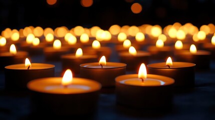 Many lit tea light candles in the dark.