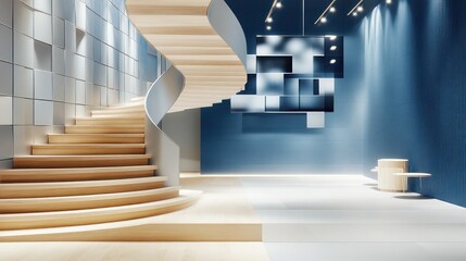 A minimalist training space with light silver acoustic tiles, cobalt blue decor, and a floating spiral staircase with light wood treads, leading to a mezzanine with immersive AV technology.