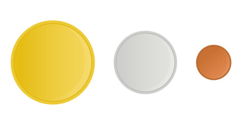 Set of the Gold, Silver and Bronze Coins. Vector Icons. Money, Medal or Button Templates Isolated on White Background.