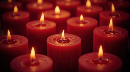 Many red candles burning brightly in the dark.
