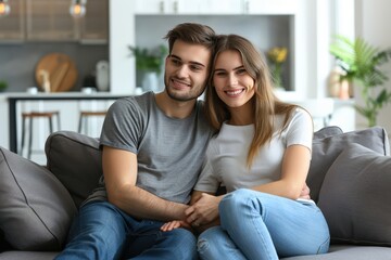 Obraz premium A happy couple sits together on a couch, smiling warmly in a cozy, modern living space with plants and stylish decor in the background.
