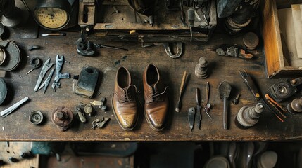 Vintage Workshop with Leather Shoes Surrounded by Tools, Materials, and Craft Supplies, Capturing the Essence of Traditional Shoe Making Process and Artisanship