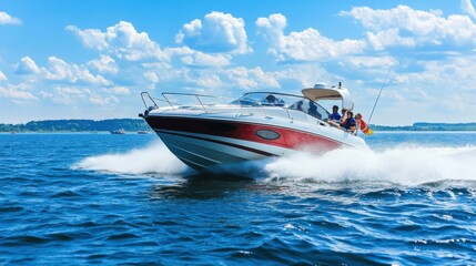 Fototapeta premium Experience Thrilling Water Adventures with a High-Speed Boat Ride on a Sunny Day