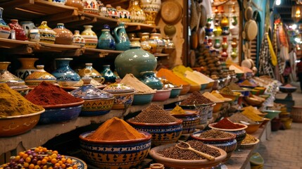 A Moroccan bazaar filled with exotic spices, tagines, and colorful ceramics, showcasing traditional Moroccan cuisine
