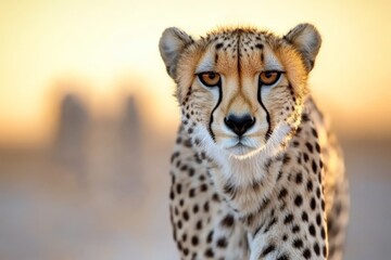  a cheetah sitting atop a dirt field at sunset, with a blurred background