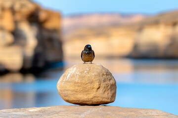  a small bird perched atop a rock near a body of water, with a blurred background