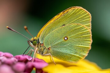  a small yellow butterfly perched atop a pink flower, with a blurred background