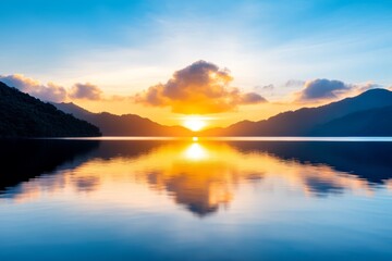 Fototapeta premium a beautiful sunset over a body of water with mountains in the background The sky is painted with a mix of vibrant oranges, pinks, and purples, and the sun is setti