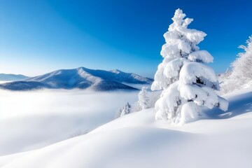  a snow covered tree in the middle of a snowy mountain range, with a clear blue sky in the background The snow is pristine and untouched, and the trees are covered