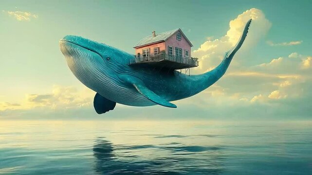 a beautiful blue whale with a blue back and white stomach floating in mid-air. Its back holds a beautiful pink house. 